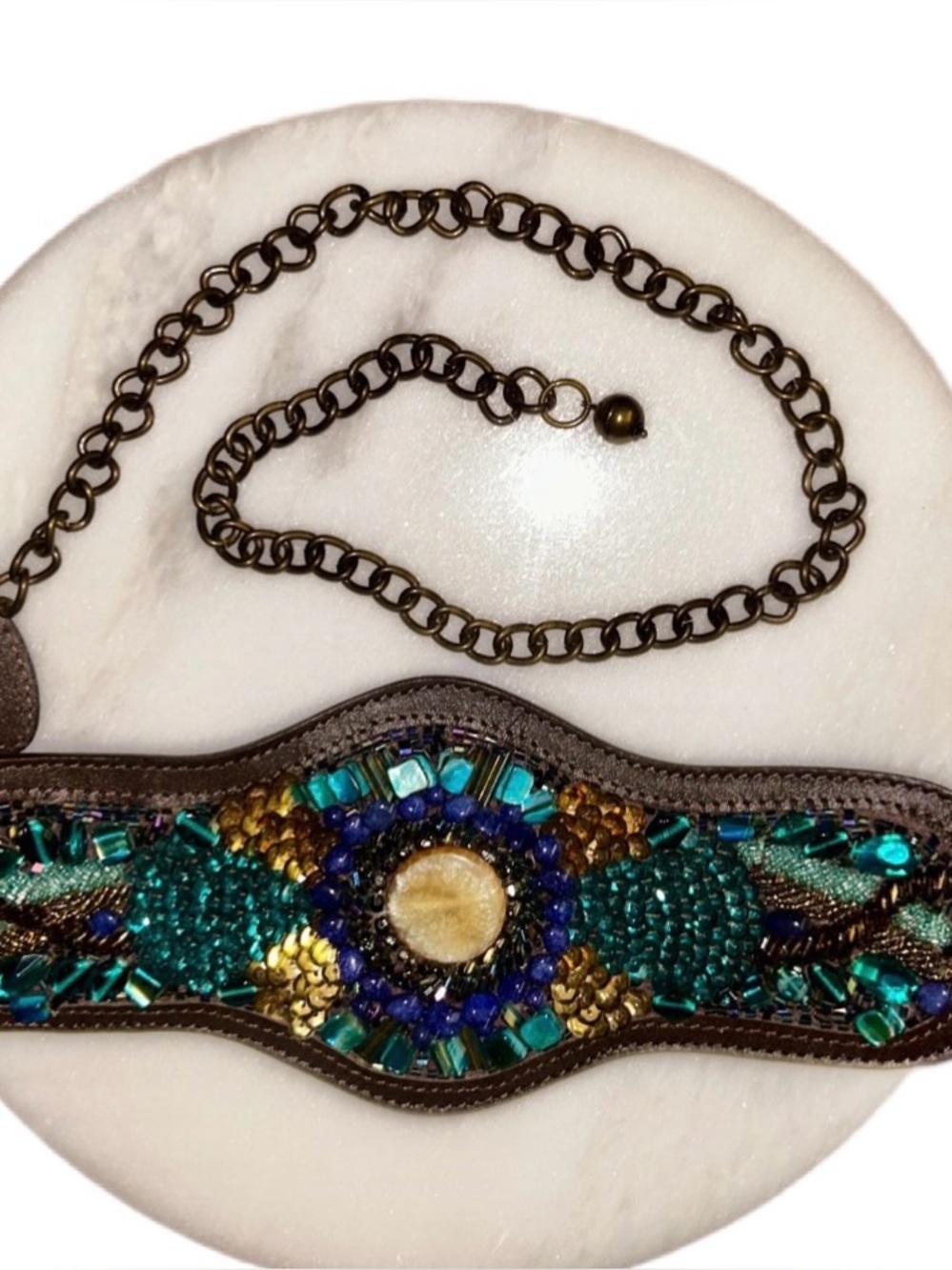 Chico’s ~ Women’s Medium ~ Leather Brown W/ Beaded Turquoise Chain Belt ~ New